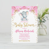 Elephant baby shower invitation fille or rose (Debout devant)