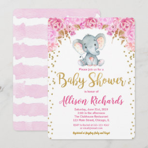 Elephant baby shower invitation fille or rose