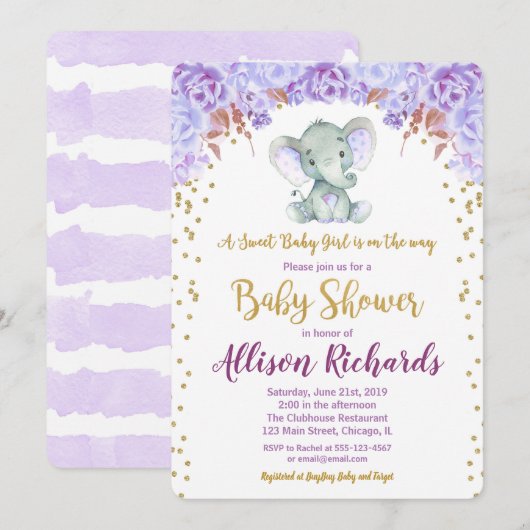 Elephant baby shower invitation fille or violet (Devant / Derrière)