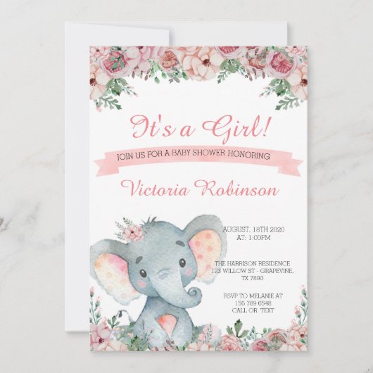 Eléphant baby shower invitation floral (Devant)