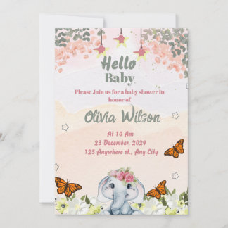 Elephant Baby Shower Invitation for Baby Girl Kaart