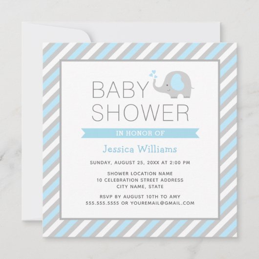 Elephant Baby shower Invitation garçon - bleu & gr (Devant)