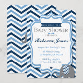Elephant Baby shower Invitation Garçon Blue Chevro (Devant / Derrière)