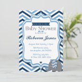 Elephant Baby shower Invitation Garçon Blue Chevro (Debout devant)