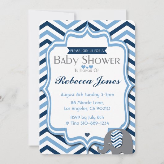 Elephant Baby shower Invitation Garçon Blue Chevro (Devant)