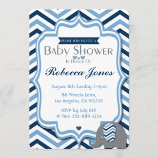 Elephant Baby shower Invitation Garçon Blue Chevro