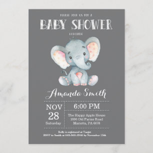 Elephant Baby shower Invitation Grey Kaart