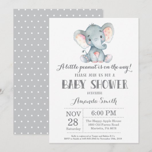 Elephant Baby shower Invitation Grey Kaart (Voorkant / Achterkant)