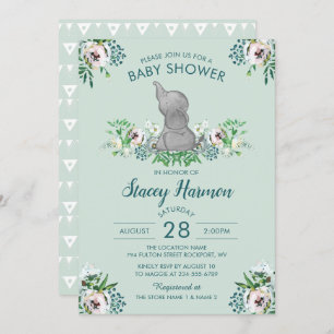 Elephant Baby shower Invitation Mint Green Floral Kaart