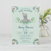 Elephant Baby shower Invitation Mint Vert Floral (Debout devant)