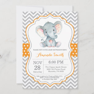 Elephant Baby shower Invitation Oranje and Grey Kaart