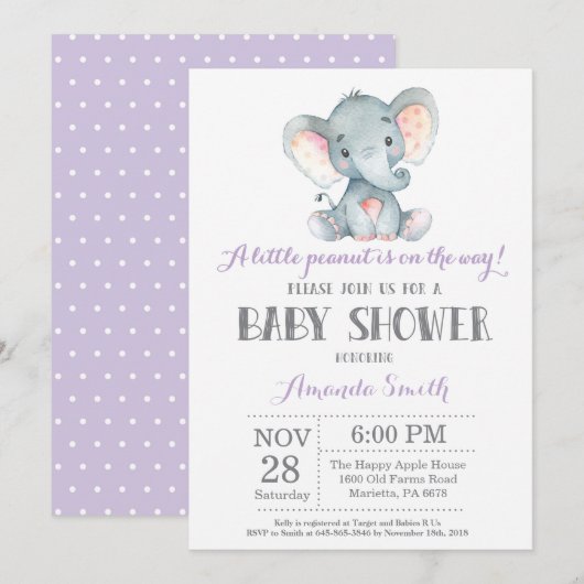 Elephant Baby shower Invitation Paars and Grey Kaart (Voorkant / Achterkant)