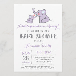 Elephant Baby shower Invitation Paars and Grey Kaart