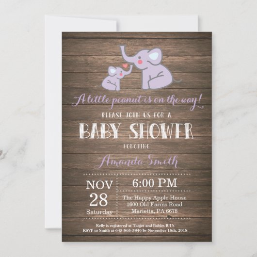 Elephant Baby shower Invitation Paars Rustic Kaart (Voorkant)