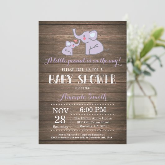 Elephant Baby shower Invitation Paars Rustic Kaart (Staand voorkant)