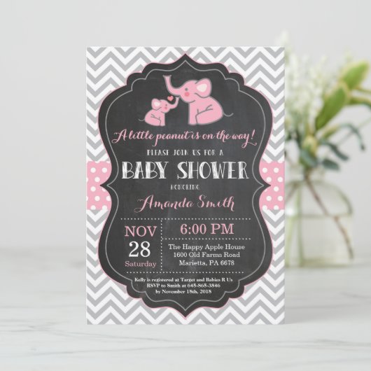 Elephant Baby shower Invitation Pink and Grey Kaart (Staand voorkant)