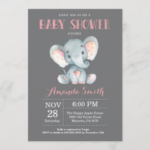 Elephant Baby shower Invitation Pink and Grey Kaart