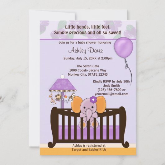 ÉLÉPHANT Baby shower Invitation PURPLE CJ-E (Devant)