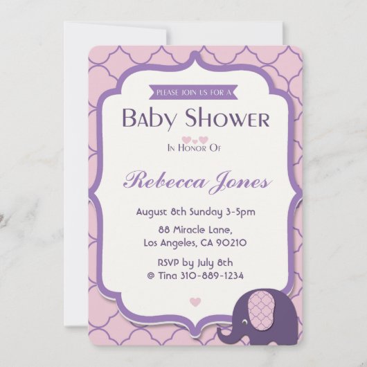 Elephant Baby shower Invitation rose pourpre Quatr (Devant)