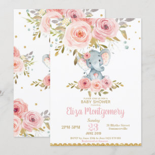 Elephant Baby shower Invitation roze Floral Girl Kaart