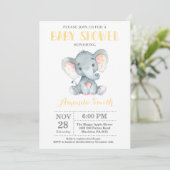Elephant Baby shower Invitation Yellow and Grey Kaart (Staand voorkant)