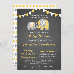 Elephant Baby shower Invitation Yellow and Grey Kaart