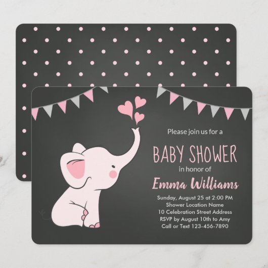 Elephant Baby Shower Invitations for Girl | Roze Kaart (Voorkant / Achterkant)