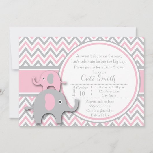 Elephant Baby Shower Invitations, Roze en grijs Kaart (Voorkant)