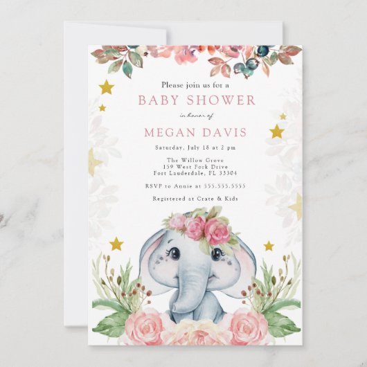 Elephant Baby Shower Invitations Roze ventilator Kaart (Voorkant)