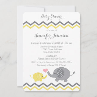 Elephant Baby shower Invite | Gele grijze Chevron Kaart
