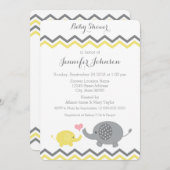 Elephant Baby shower Invite | Gele grijze Chevron Kaart (Voorkant / Achterkant)