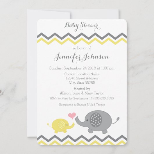 Elephant Baby shower Invite | Gele grijze Chevron Kaart (Voorkant)