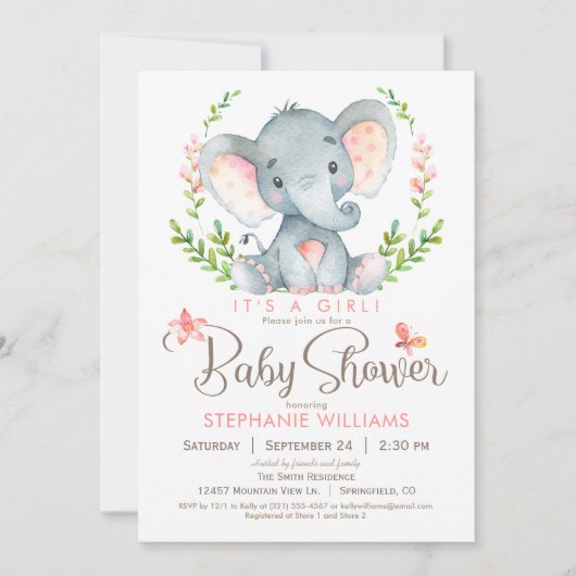 Elephant Baby shower, meisje Kaart (Voorkant)