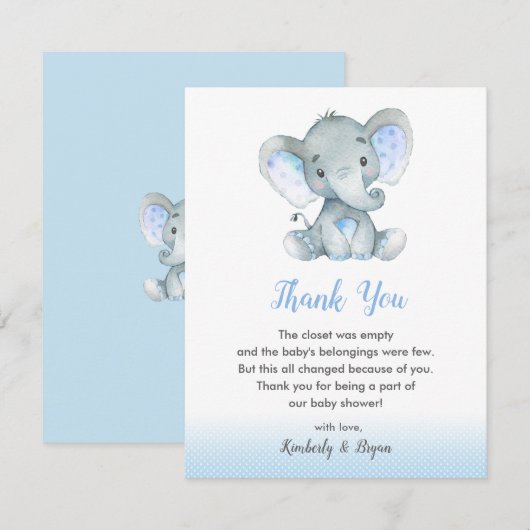 Elephant Baby shower Merci Cartes Garçons Bleu (Devant / Derrière)