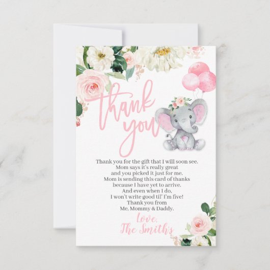 Elephant Baby shower Merci Cartes pour une fille (Devant)