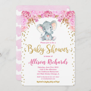 Elephant baby shower nodigmeisje roze goud kaart