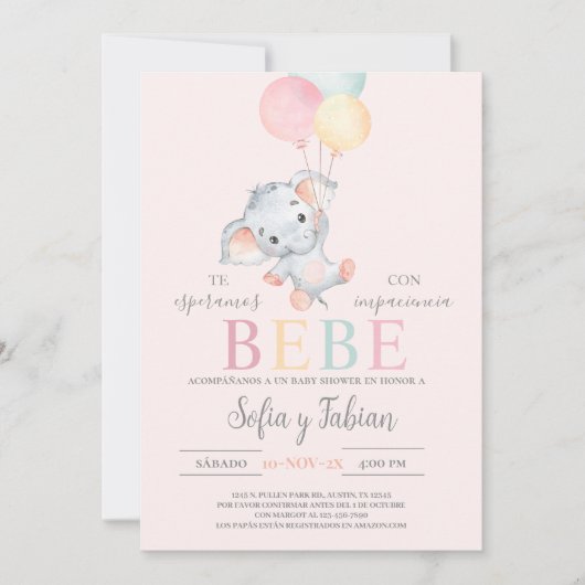 Elephant Baby shower Spaans Uitnodiging (Voorkant)