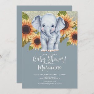 Elephant Baby shower Sunflower Glitter Dusty Blue Kaart