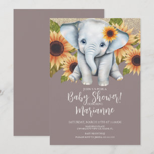 Elephant Baby shower Sunflower Glitter Dusty Pink Kaart