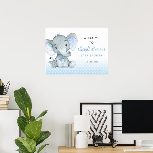 Elephant Baby shower Welcome Sign (Blauw) Poster (Thuiskantoor)