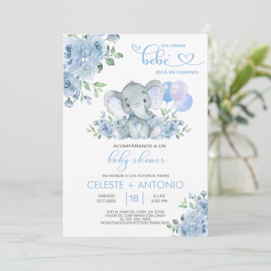 Eléphant & ballons garçon baby shower invitation e (Debout devant)