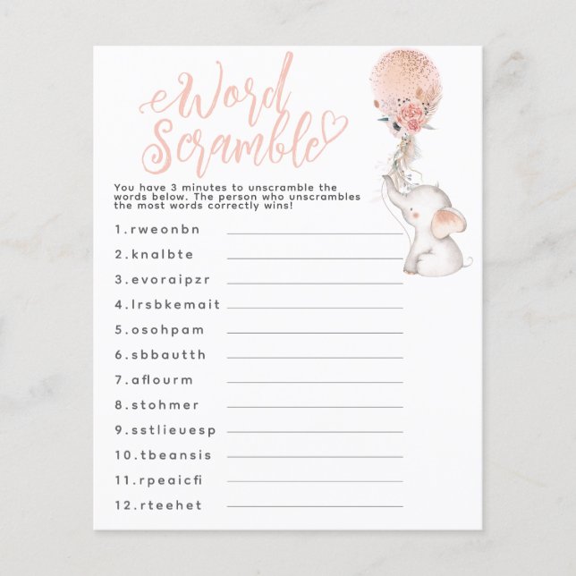 Elephant Balloon Baby shower Game Baby Scramble (Voorkant)