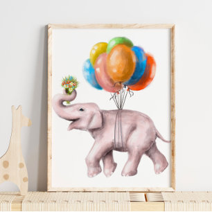 Elephant Balloon Bouquet Print   Waterverf afdrukk