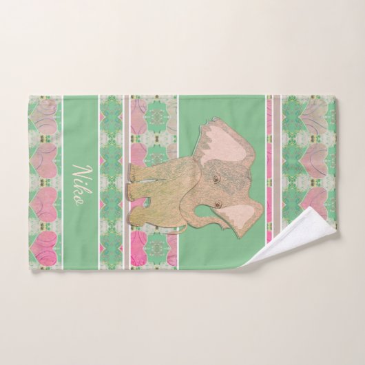 Eléphant bébé avec Coeurs rose et vert (Serviette à main)