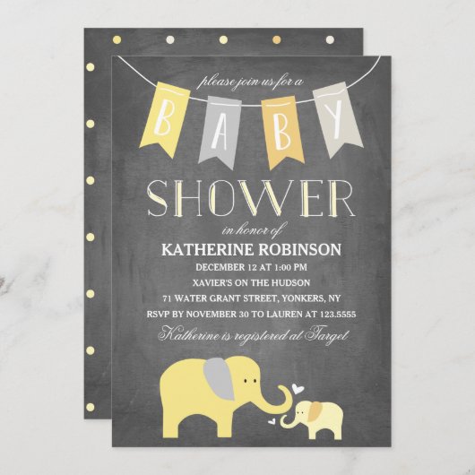 Eléphant Bébé Jaune | Invitation baby shower (Devant / Derrière)