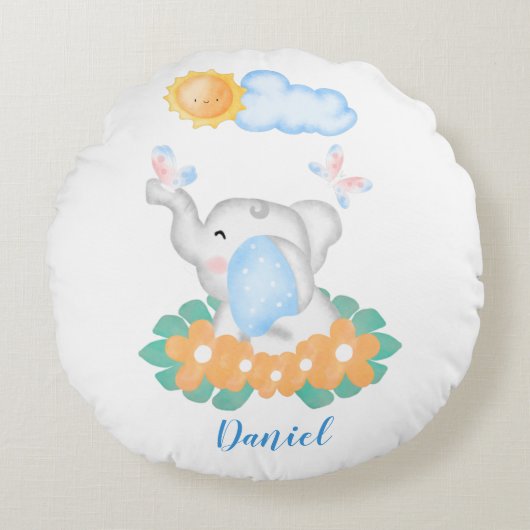 Eléphant Bébé mignon avec fleurs Coussin rond (Devant)