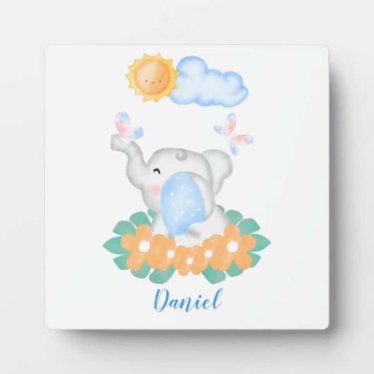 Eléphant Bébé mignon avec fleurs orange Plaque (Devant)