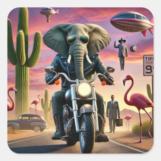 Elephant Biker Surreal Desert Ride Vierkante Sticker (Voorkant)
