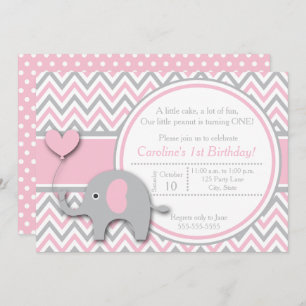 Elephant Birthday Invitation, Pink and Grey Kaart
