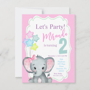 Elephant Birthday-uitnodiging, Girl-verjaardagsuit Kaart